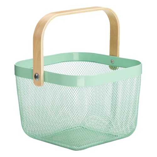 AJIODA Metal Mesh Steel Basket, Storage Organizer Basket Multi-functional Hanging Kitchen Baskets Fruit Basket with Wooden Handle for Kitchen Bathroom Picnic Shopping Decor Cabinet Home, Macaron Blue