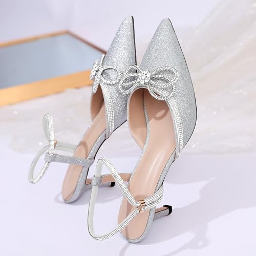Joseywade Rhinestone Bow Heels Low Kitten Heel Glitter Double Bow Pumps Pointed Toe Women Slingback Adjustable Ankle Strap Shoes for Wedding Bridal Bridesmaid Engagement Bachelorette4