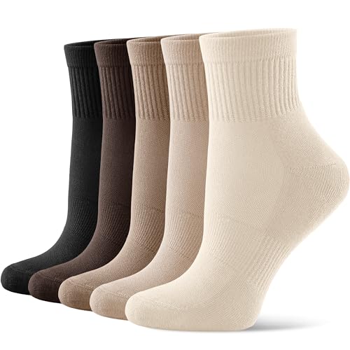 CS CELERSPORT 5 Pairs Mini Crew Ankle Socks Cushioned Running Casual Socks for Women and Men Brown Medium