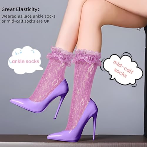 Image of Women Lace Ruffle Socks White Black Frilly Lolita Crew Dress Socks