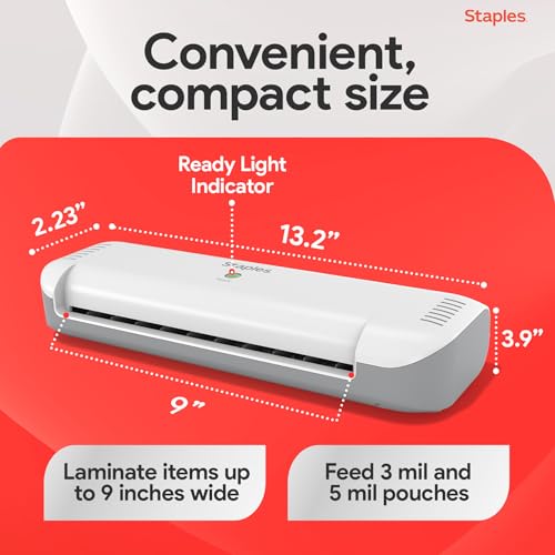 Image of Staples 9-Inch Thermal Laminator Machine, Fast Warm-Up, Jam-Free Technology, Laminates Letter /ID /Photo Size, White /Gray