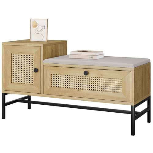 Garvee Banc De Rangement en Rotin avec Tiroir, Coffre De Rangement en Bois avec Coussin en Lin, Banquette Rembourrée pour Chambre, Entrée, Salon 100 x 38 x...