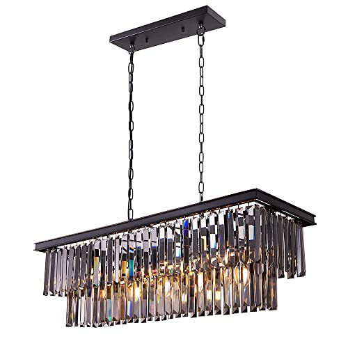Wellmet Black Crystal Chandelier, 9-Light Modern Farmhouse Chandeliers Dining Room Lighting Fixture, Adjustable Retangle Hanging Ceiling Light for Liv