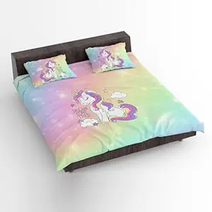 Hopcara Kid's Velvet Designer 250TC Modern Dream Come True Unicorn Printed Double King Size Bedsheet with 2 Matching Pillow Covers (100x100 Inches, Multi-Coloured)