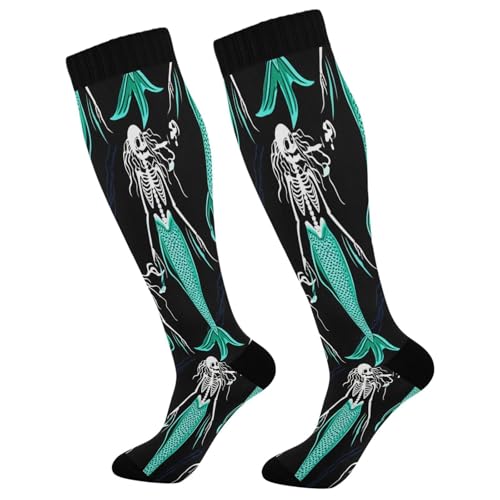 STAYTOP Halloween Skeleton Mermaid Compression Socks for Women & Men (2 pairs)-Support Knee High Socks for Running, Sports