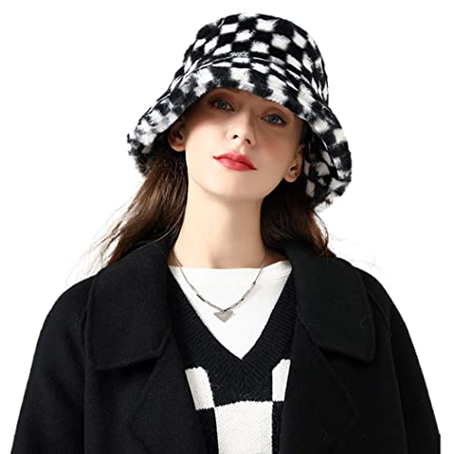 Campsis Winter Faux Bucket Hat Black Checkerboard Wool Fluffy Plush Bucket Hat Thick Fuzzy Fisherman Hat Skiing Cycling Camping Hiking For Women And Girls #TOP1