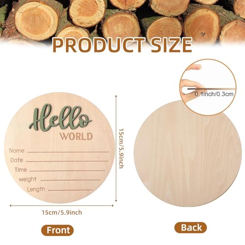 Image of Baby Announcement Sign, 5.9 Inch Wooden Hello World Newborn Signs, Birth Announcement Sign, Baby Shower Hospital Nursery for Newborn Boys and Girls (Forest Green,Pen)