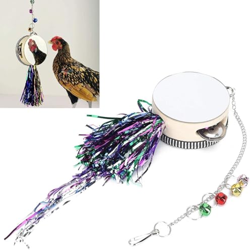 Image of Cyrank Chicken Mirror Toys, Pet Chicken Mirror Drum Toys Chicks Hens Hanging Double Side Playing Toy Hanging Swing Mirror Toys with Bell