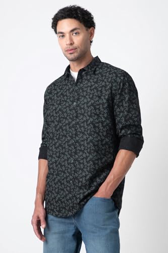 Image of Peter England Men's Slim Fit Full Sleeve Casual Shirt in Slub Cotton with All-Over Leafy Print