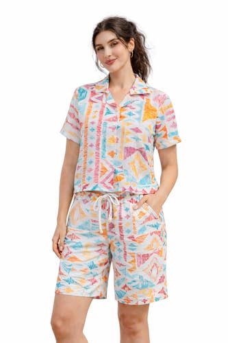 Image of Zilcon Woman Cotton Floral Printed Co-Ord Set - Short Sleeve Shirt with Matching Shorts, Lightweight Breathable Summer Outfit, Beach Vacation Casual Wear