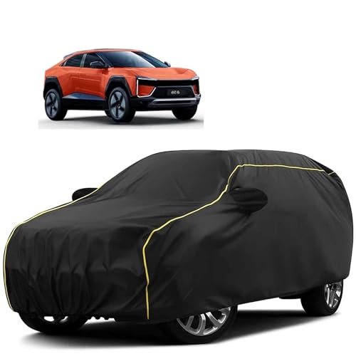 Image of Sulfar 100% Water Resistant Car Body Cover Compatible with Mirror for Mahindra BE 6 (Triple Stitched, Full Bottom Elastic, Black Tafetta with Yellow Piping)