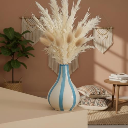 Image of PUREZENTO Blue & White Striped 'Tulip Bud' Ceramic Vase 6 Inch (Pack of 1) | Unique Modern Bud Vase for Dried Flowers & Pampas Grass | Vases for Modern Home Decor, Living Room & Office Decor Ideas