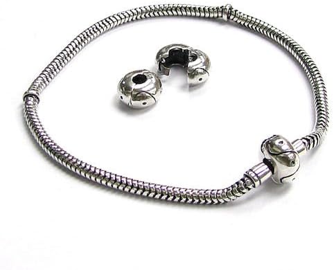 Sterling Silver 3mm Snake Bracelet with Clip Clasp and Two Clip Stoppers for European Charm