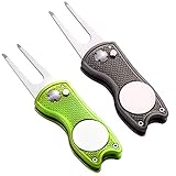 Yizerel 2 Pack Metal Foldable Golf Divot Tool with Pop-up Button & Magnetic Ball Marker (Pack of 2, Fish Design)