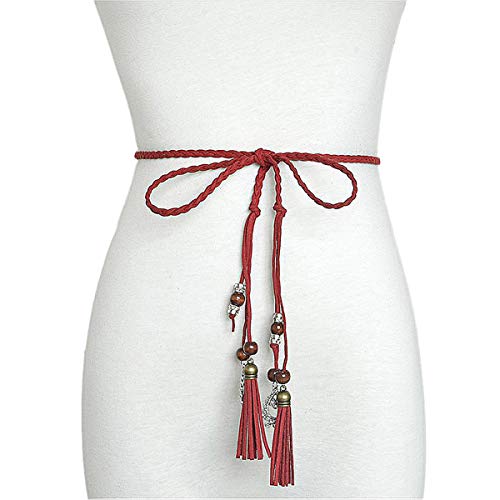 Women's Hand-woven Waist Belt Bow Tie Wrap Around Boho Corset Vintage for Dresses (Red)2