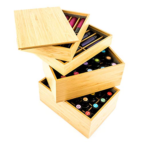 Essential Oil Wooden Storage Box Organizer Case - Stackable Holds 20 Bottles & 10 Roller Bottles 3 Piece Set Elegant Bamboo Finish, Universal Bottle Fit Rack, Removable Dividers, Drawer & Lid