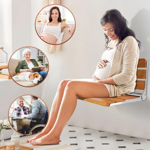 Foldable Shower Seat Wall Mounted, Folding Shower Bench for Small Shower Spaces, 400lbs Max Load for Inside Shower, 16"