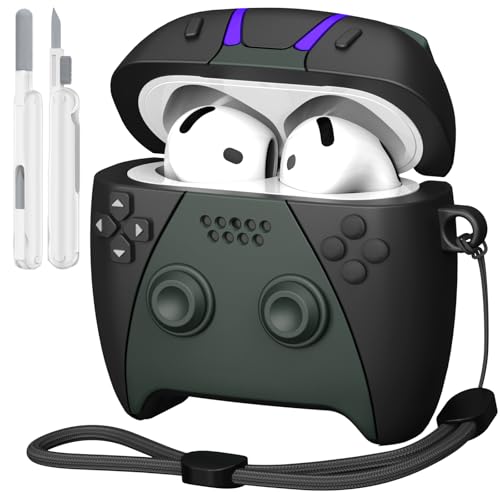 MOFREE for AirPods 4 Case 2024 with Cleaner Kit, 3D Game Controller Design Soft Silicone Shock-Absorbing Protective Cover for AirPods 4th Generation with Lanyard, Black