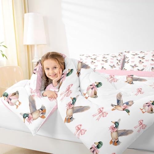 Image of Feelyou Bow Mallard Duck Pink Bedding Set Full Size,Hunting Duck Bowknot Girly Comforter Set for Kids Teens Room Decor Farmhouse Rustic Quilt