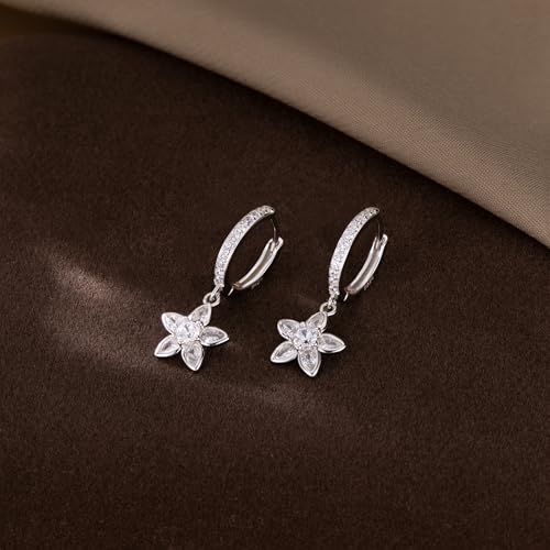 Reffeer Solid 925 Sterling Silver CZ Flower Earrings Dangle for Women Teen Girls Flower Drop Hoop Earrings Huggie4