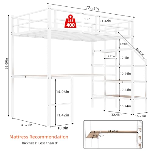 Image of Bellemave Twin Size loft Bed with L Desk, Storage Stairs, Metal Twin Loft Bed Frame for Adults, Kids, Teens, White