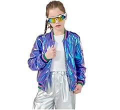 LOLANTA Kids Metallic Shiny Jacket Lightweight Zip Up Pockets Holographic Cropped Girls Bomber Jacket