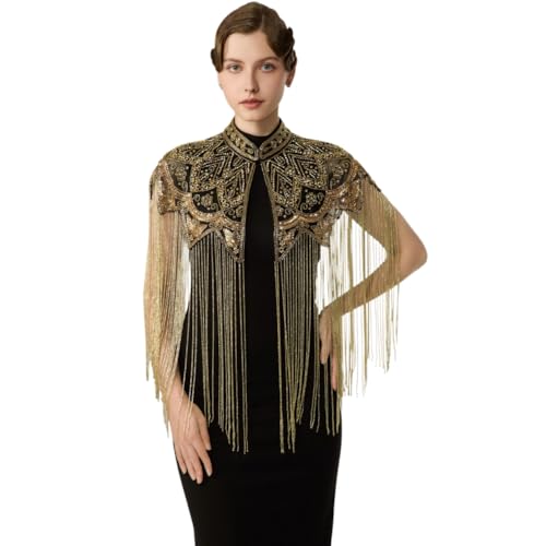Old DIrd Womens 1920s Beaded Fringe Shawl Sequin Tassel Cape Flapper for Party Wedding Evening Dresses Gold