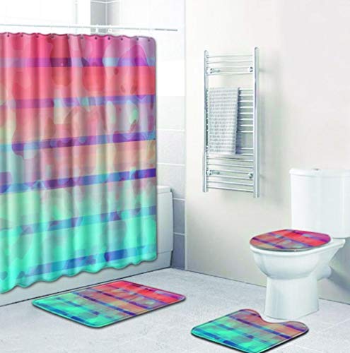 ZDDWLDL 3D Gedruckter Duschvorhänge Set Rot-Rosa-Grüne Graffiti-Streifen Duschvorhang Set 4 Stück Badezimmer Dekor…