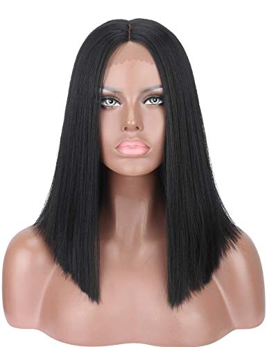 Kalyss 16 inches Short Straight Blunt Bob Cut Black Synthetic Lace Front Wigs