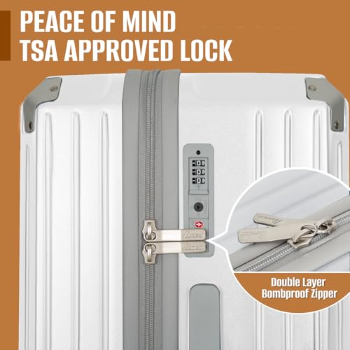 Romswi Suitcase Set with TSA Lock Cup Holder, Hardside Spinner Suitcase with Duffel Bag, Lightweight Durable PC+ABS White 5 PCS(20/24/28inch)4