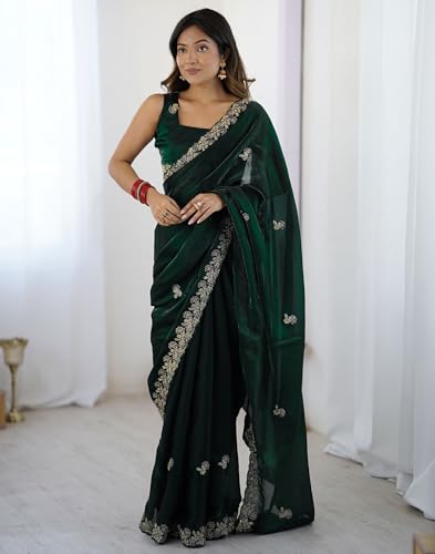 Image of SIRIL Women's Tissue Silk Sequence Embroidery Saree with Unstitched Blouse Piece