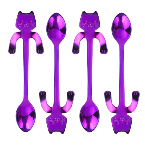 JANKOW 4PCs Cat Spoon Coffee Teaspoon, Stainless Steel Hanging Cup Tea Spoon, Dessert Scoop for Stirring Drink, Mixing Milkshake Jam, Set of 4 (Purple) for Tea, Coffee, Dessert, Sugar, Ice Cream