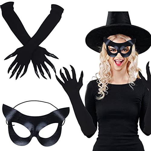 2 piezas de accesorios de disfraz de gato para mujer, disfraz de Halloween, guantes largos de uñas, guantes de uñas y máscara de gato negro, Negro, talla única Cover