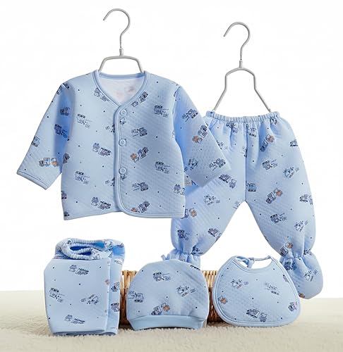 Image of Presents New Born Baby Summer Wear Printed Baby Clothes 5Pcs Sets 100% Cotton Boys Girls Unisex Baby Cotton /Summer or Flannel Suit Infant Clothes First Gift for New Born (0-6 Months)