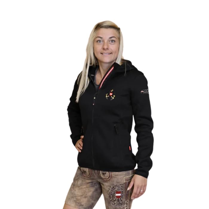 Hoamatkult Kultjacke Damen – Österreich Strickfleece mit Kapuze, taillierter Schnitt, mit Adler-Stickerei – perfekt zur Lederhose & Jeans