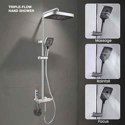 Image of Ruhe Ripple Smart Shower Panel Set, 4-in-1 Multi Flow Functions, Piano Button Shower Panel System Chrome Finish, Includes Overhead Shower, 3-Flow Hand Shower and Dual Mode Water Spray Health Faucet