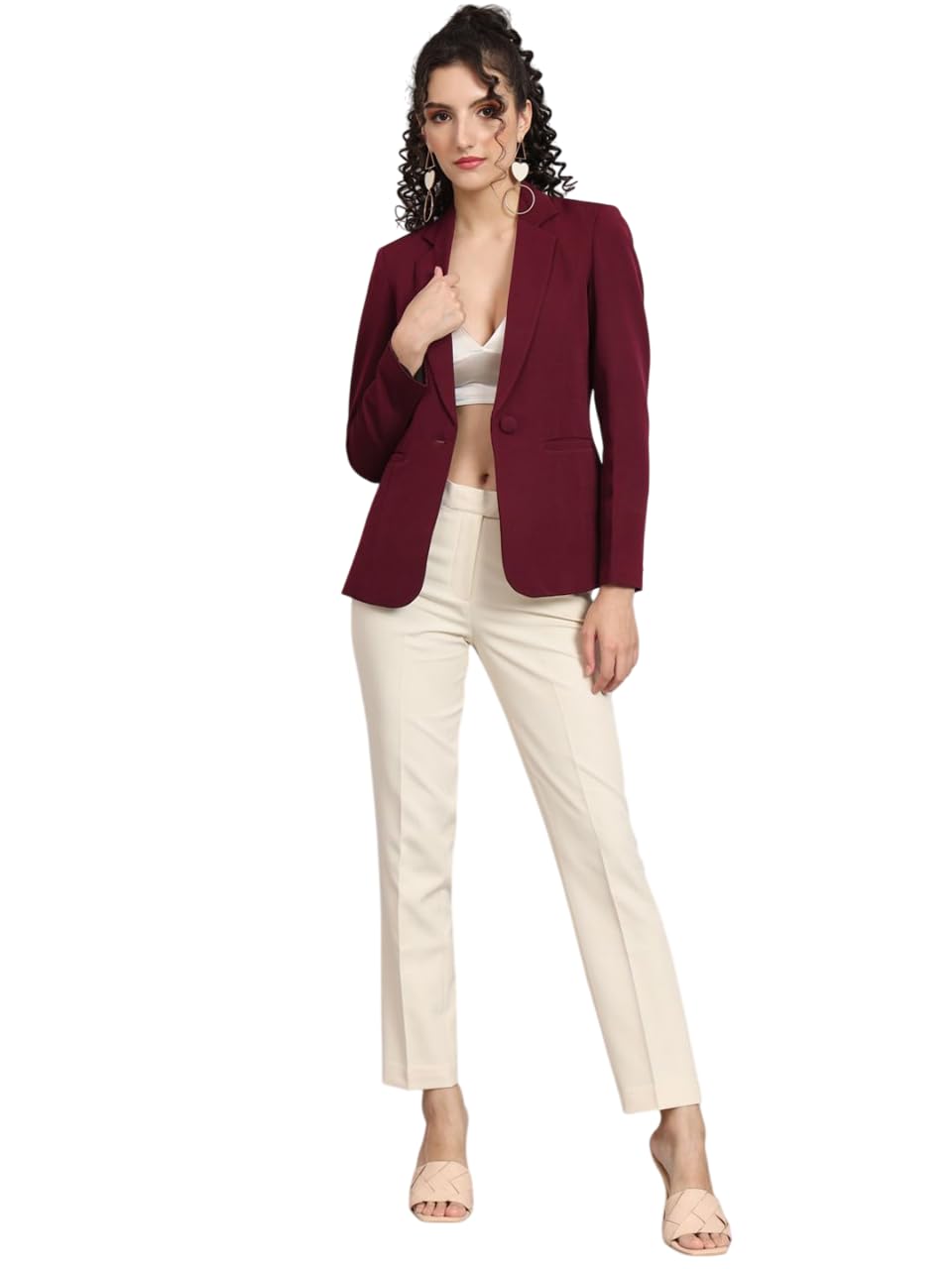powersutra Women’s Wine Solid Formal Blazer Notch Collar Comfort Fit Long Sleeves Single-Breasted Double Button Closure Stretchable Polyester Office Wear with Flap Pockets-picture-39