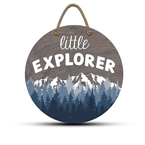 Image of Little Explorer Hanging Wall Sign, 12" Wood Round, Blue Trees Grey Background, Rustic Home Decor, Woodland Baby Shower Decorations,Hickory Hollow Designs (Little Explorer (Classic Grey))