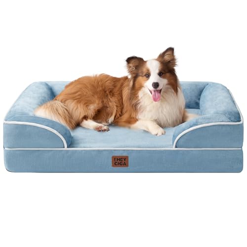 Image of EHEYCIGA Orthopedic Dog Beds for Large Dogs, Waterproof Memory Foam Large Dog Bed with Sides, Non-Slip Bottom and Egg-Crate Foam Pet Couch Bed with Washable Removable Cover, Washed Blue