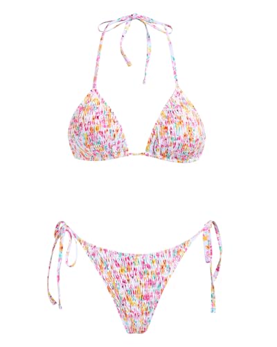 Image of Women's Triangle Bikini Set String Swimsuit Print Tie Smocked Ruched Two Piece Bathing Suit