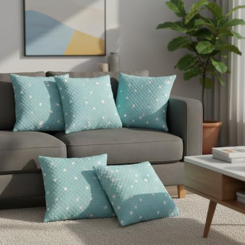 Image of STITCHNEST 'QuadraNest' Series Printed Quilted Velvet Cushion Cover 16x16 Inch Set of 5 | Premium Soft Fabric, Washable & Fade Resistant | Decorative Living Room Cushion Covers | Pastel Green