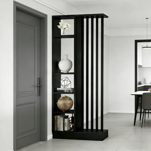 Columna de mampara de partición de Entrada de Piso a Techo - Divisor de Ambiente Independiente con estantes, decoración Independiente de fácil Montaje (A Black+Black, 80CM/31.5IN)