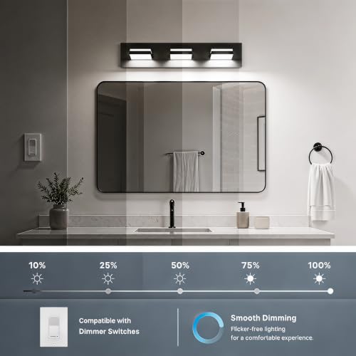 Image of Black Modern LED Bathroom Vanity Light Fixtures over Mirror (22 in 3-Light) | Rotatable Heads, Dimmer Compatible, Wall Mount, Square Shape Design