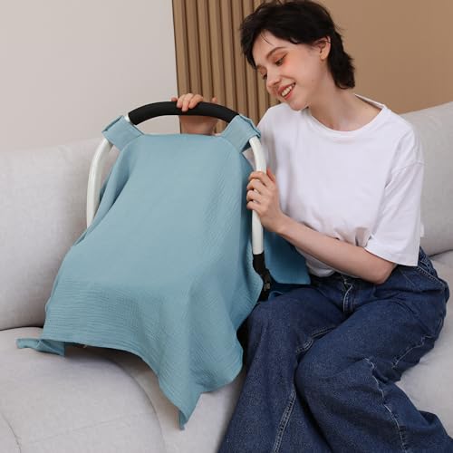 Image of 100% Muslin Cotton Car Seat Cover Baby, Carseat Canopy Cover, Universal Fit Stroller Covers for Boys and Girls (Blue)