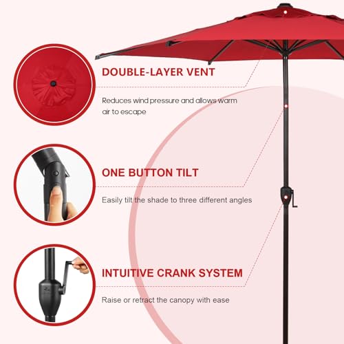 Image of Abba Patio 9FT Lyon Outdoor Patio Umbrella Outdoor Table Umbrella with Push Button Tilt and Crank Market Umbrella 6 Sturdy Ribs UV Protection Waterproof for Garden Deck Backyard Pool, Red