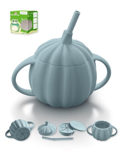 Image of BRVTOT Baby Toddler 3 in 1 Silicone Cup with Straw Snack Cup Lid & Dustproof Lid, Spill Proof Straw Sippy Cups & Snack Containers for Toddler 1+ year old, BPA Free Training Cup for Baby 6+ Months 7 oz