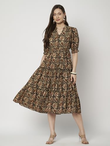 Image of Women's Floral Summer Maxi Dress I Cotton Printed I One Piece Bodycon Midi Dress with V-Neck, Puffed Sleeves
