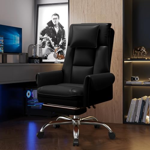 Image of Executive Office Chair with Wheels PU Leather Ergonomic Desk Chairs with Foot Rest High Back Computer Gaming Chairs for Home Office