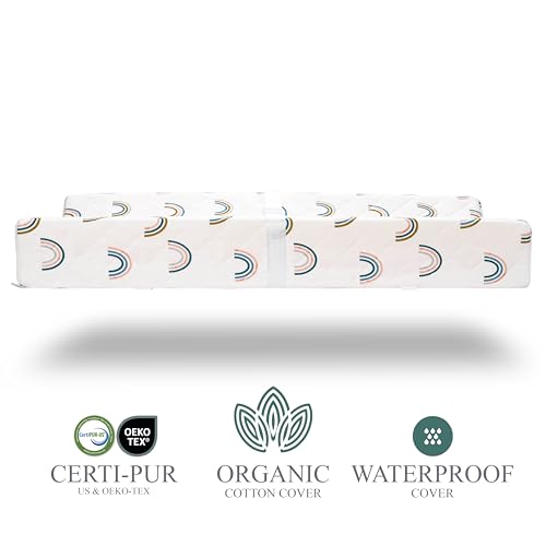 Image of Organic Cotton Covered Contoured Baby Changing Pad | Waterproof Foam Mattress, Soft, Removable & Washable Cover, Safety Strap, Non-Slip Bottom, Topper for Standard Size Infant Diaper Table & Dresser