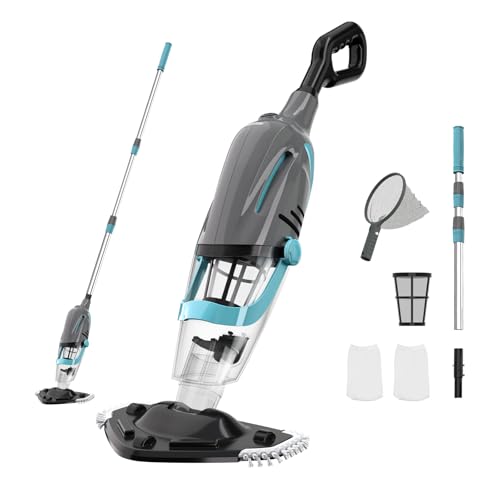 Cordless Handheld Pool Vacuum, Pool Vacuum for Above Ground Pool with Telescopic Pole and Leaf-Scooping Net, Rechargeable Pool Cleaner 18.5 Gal/Min Suction, 80 Min Runtime, Dual-Filter Cleaning System